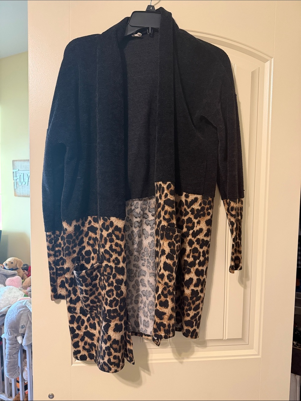 Beeson River Black and Leopard-Print Open-Front Women's Cardigan